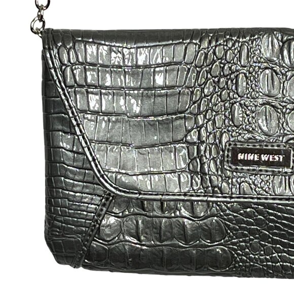 Nine West Gray Croc Embossed Shoulder Bag Chain Strap Faux Leather Purse - Picture 3 of 10